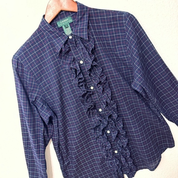 Lauren Ralph Lauren Victorian ruffles plaid long sleeve shirt navy blue size M - Picture 3 of 9